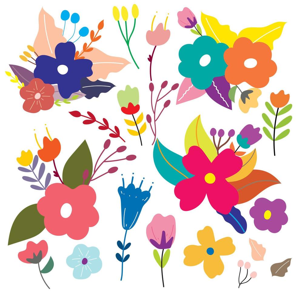 hand drawing cartoon flower and leaves sticker set vector