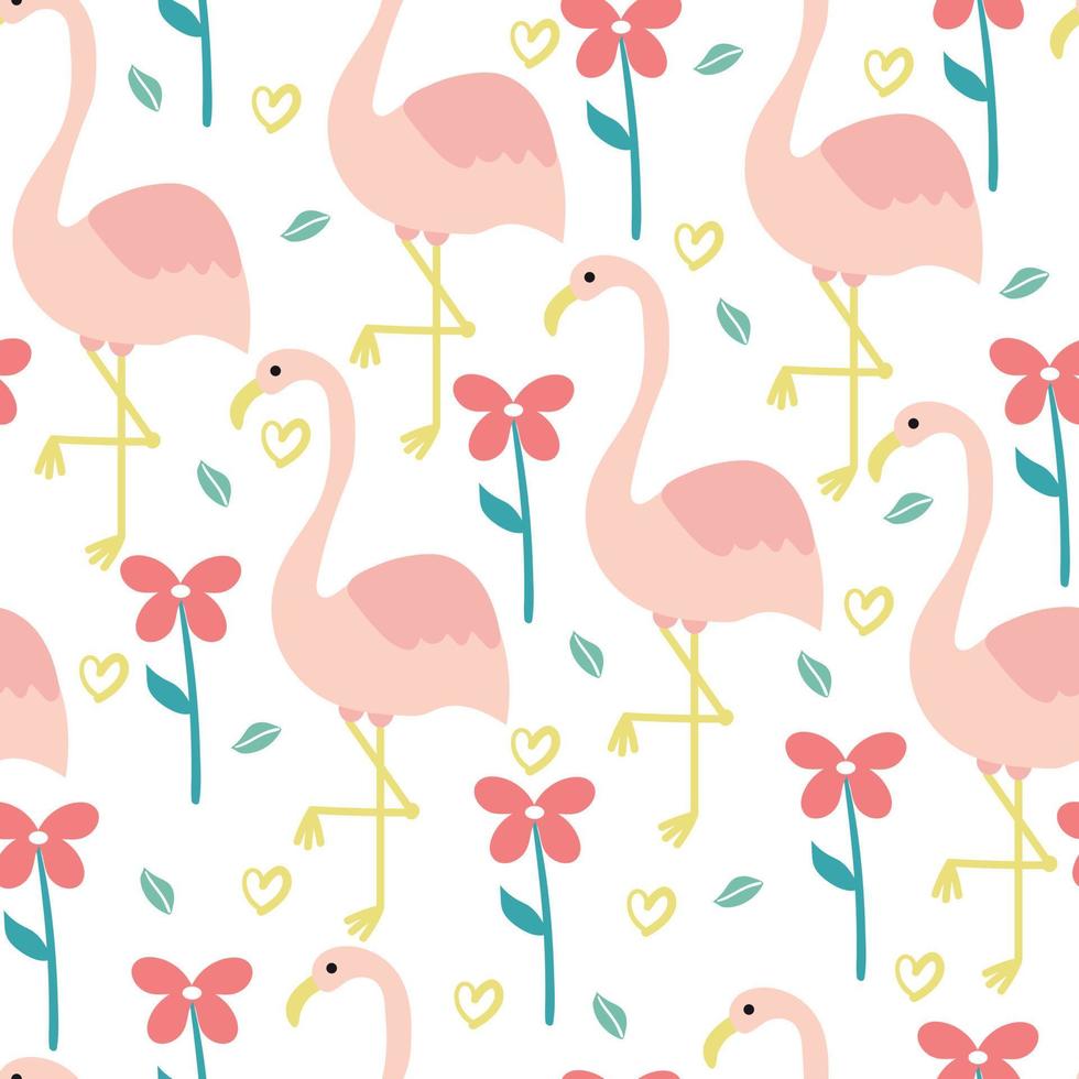 mano de patrones sin fisuras dibujo dibujos animados flamingo y flor. para papel pintado infantil, estampado de tela, textil, papel de regalo vector