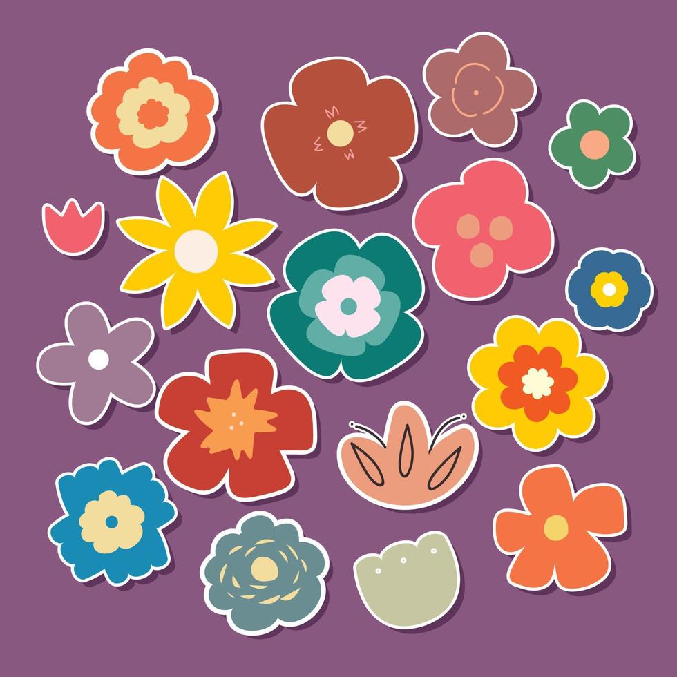 conjunto de pegatinas de flores y hojas de dibujos animados de dibujo a mano vector