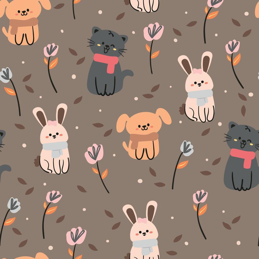 seamless pattern hand drawing bunny, puppy and flower. for fabric print, textile, gift wrapping paper vector