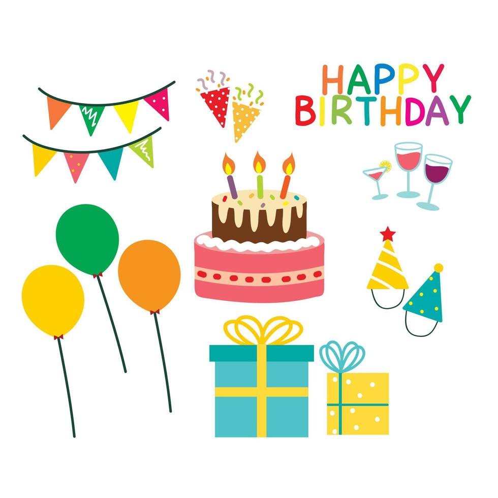 hand drawing cartoon birthday stuff sticker set vector