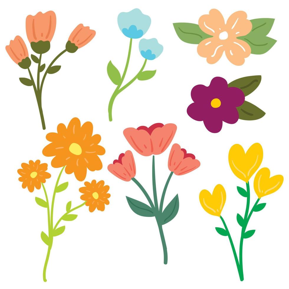 conjunto de pegatinas de flores y hojas de dibujos animados de dibujo a mano vector