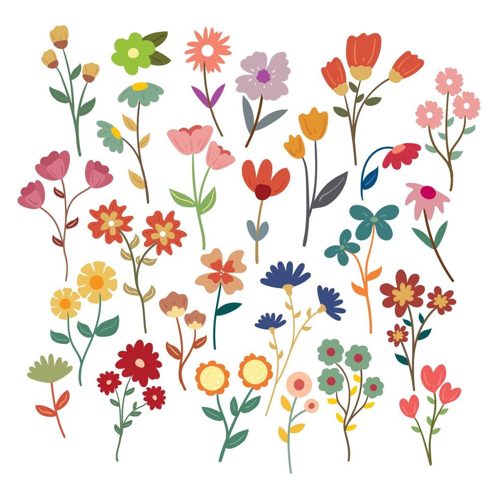 hand drawing cartoon flower and leaves sticker set vector