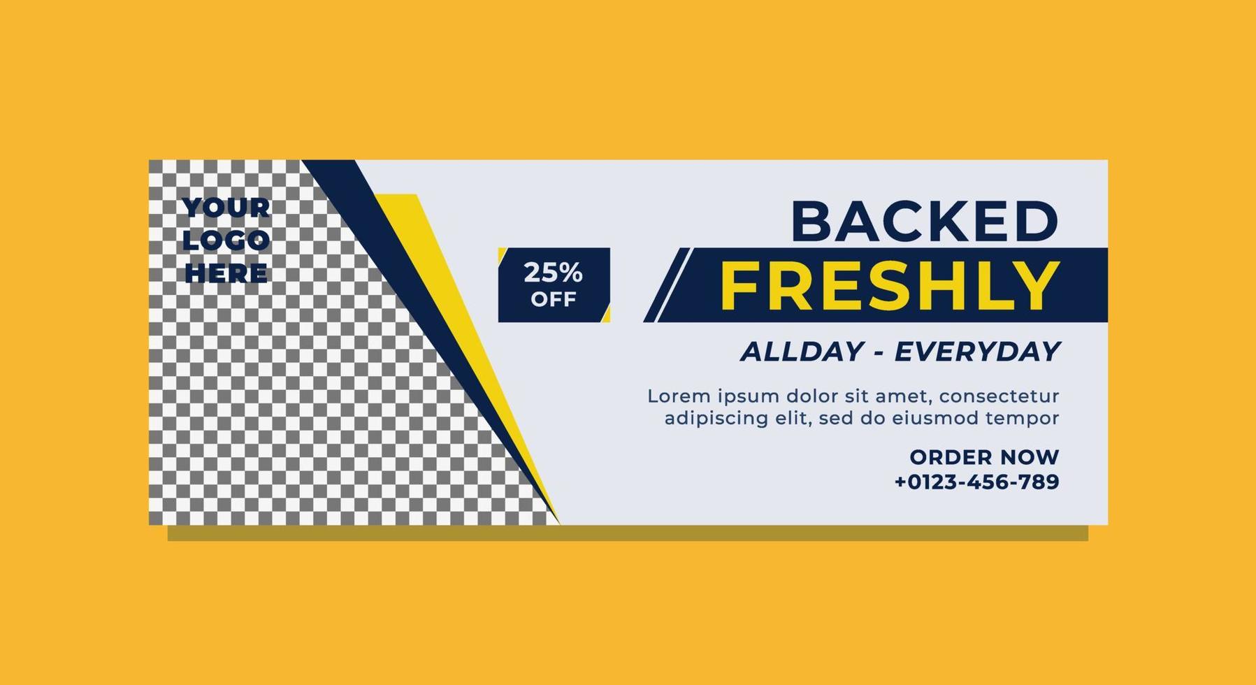 gráfico vectorial de diseño de banner web con esquema de color azul oscuro, amarillo y blanco. perfecto para la promoción de productos horneados vector