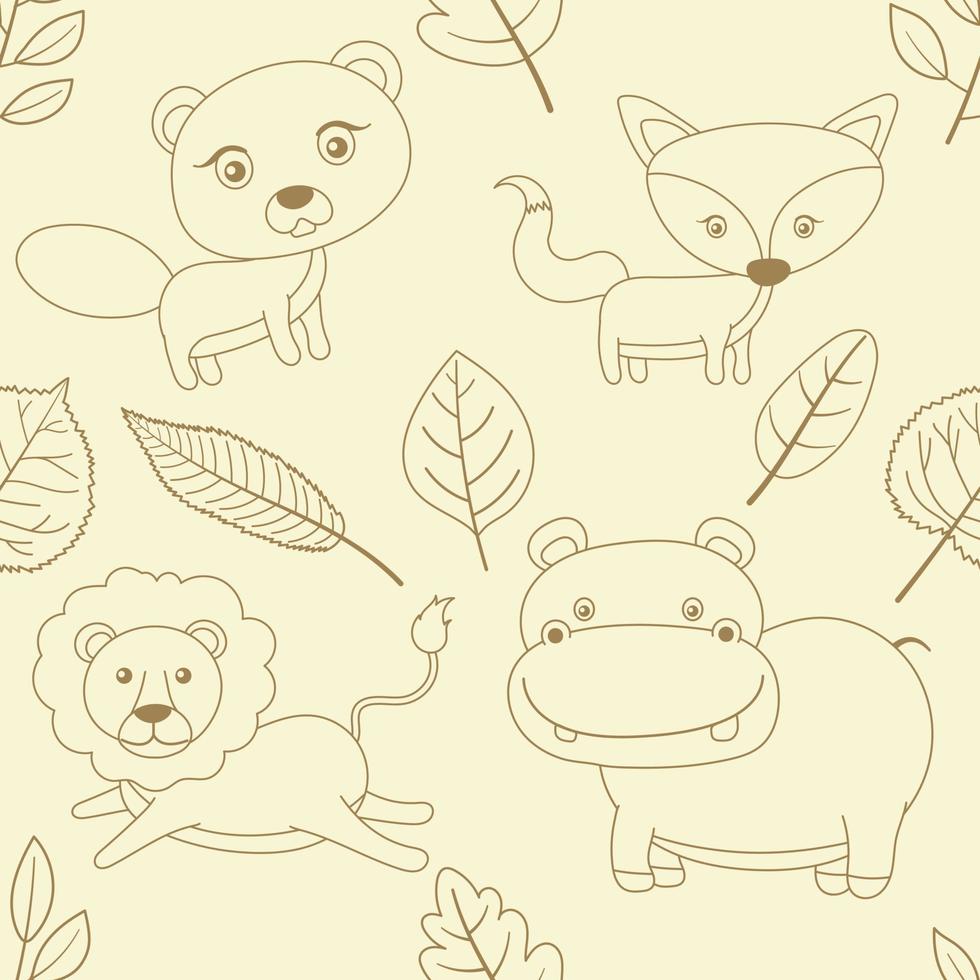 Seamless doodle outline wild animals cartoon pattern vector