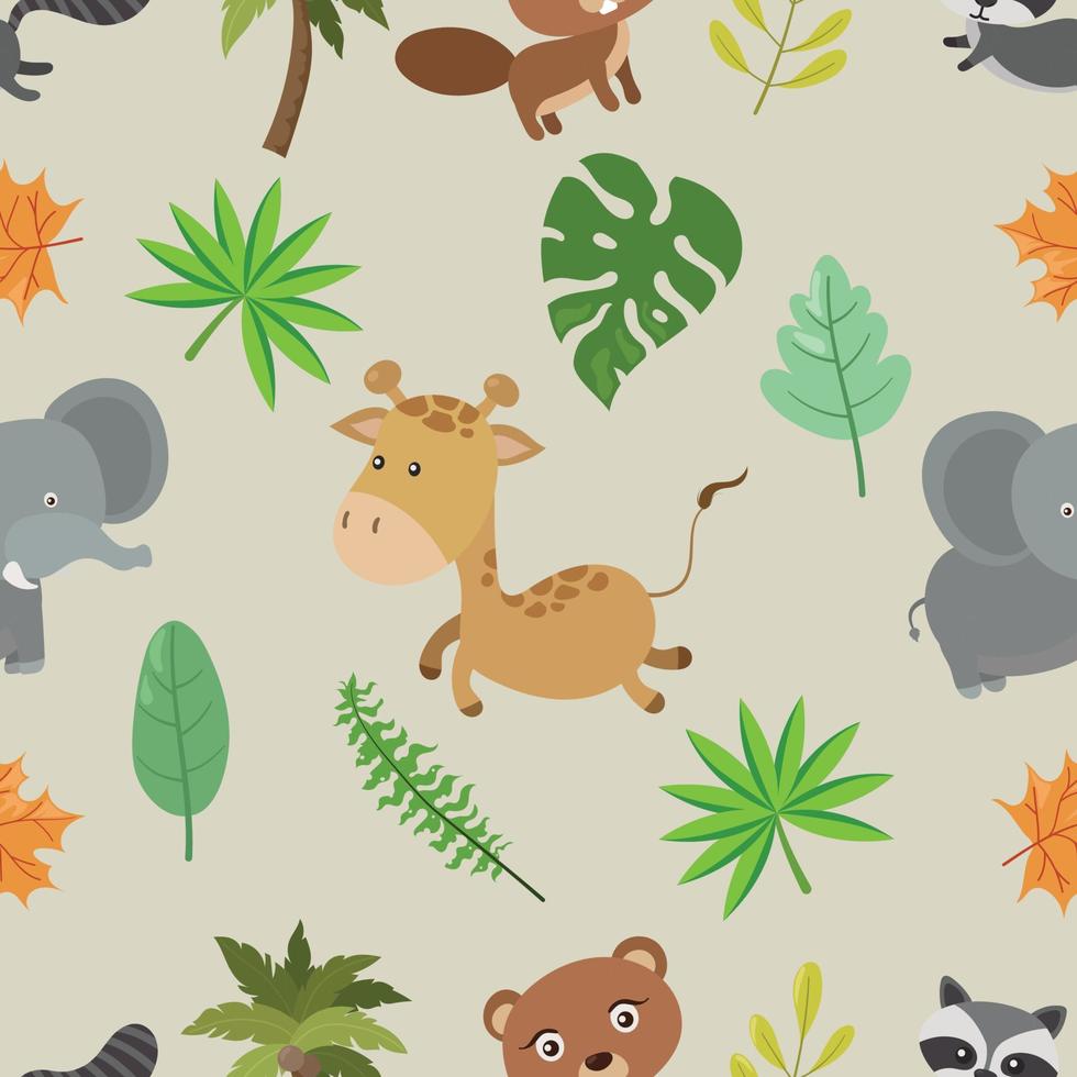 Seamless colorful doodle wild animals cartoon pattern vector