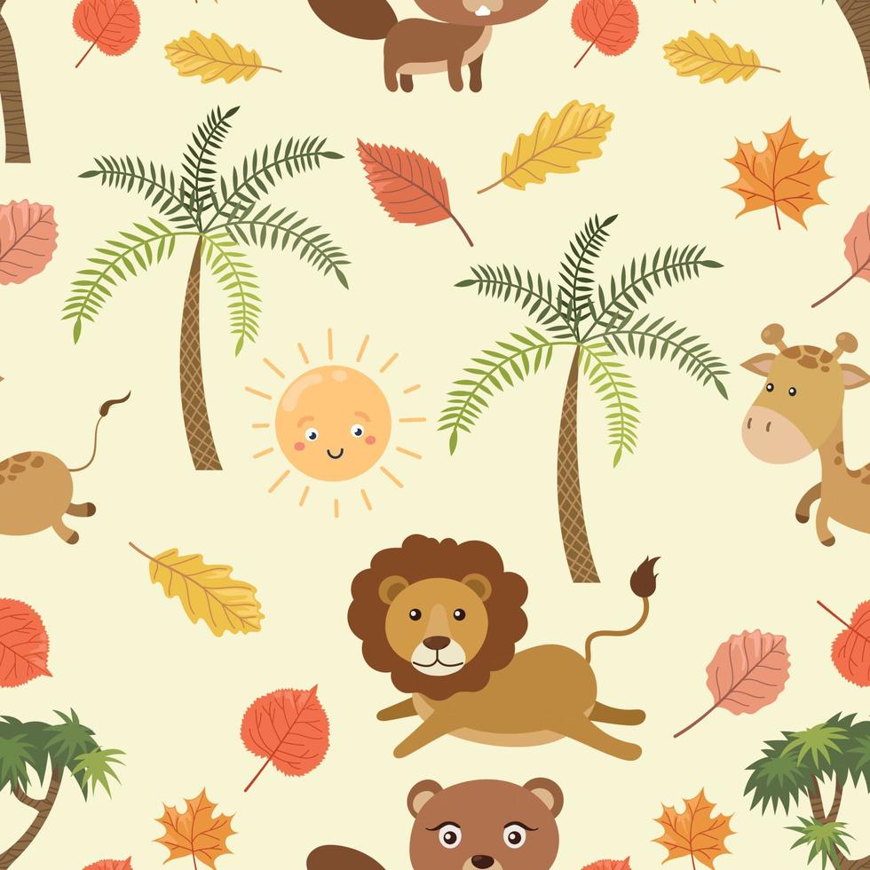 seamless, garabato, selva, animales, y, hojas, caricatura, patrón vector