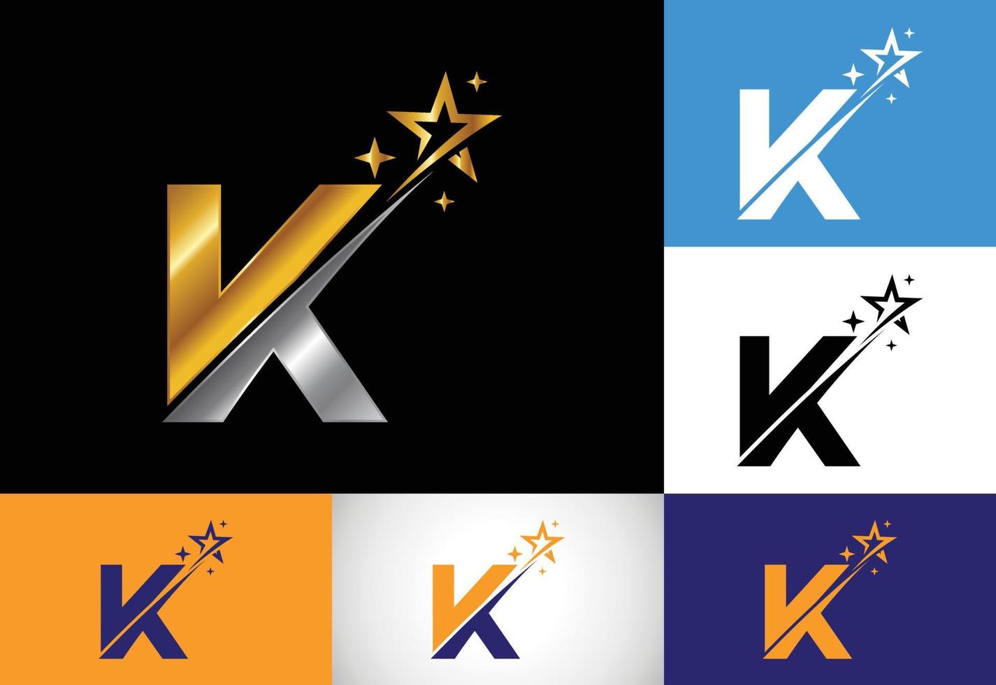 alfabeto inicial de la letra del monograma k con el icono del logotipo de estrella y swoosh. diseño de símbolo de signo de logotipo de estrella abstracta. logotipo vectorial moderno para la identidad empresarial y empresarial. vector