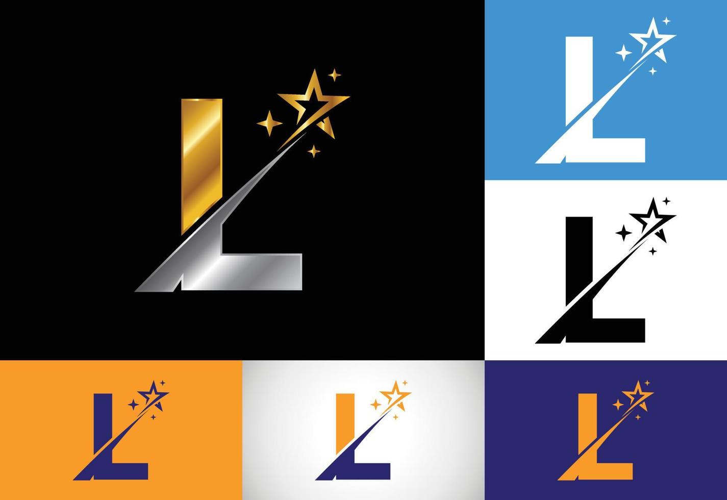 alfabeto inicial de la letra del monograma l con el icono del logotipo de estrella y swoosh. diseño de símbolo de signo de logotipo de estrella abstracta. logotipo vectorial moderno para la identidad empresarial y empresarial. vector