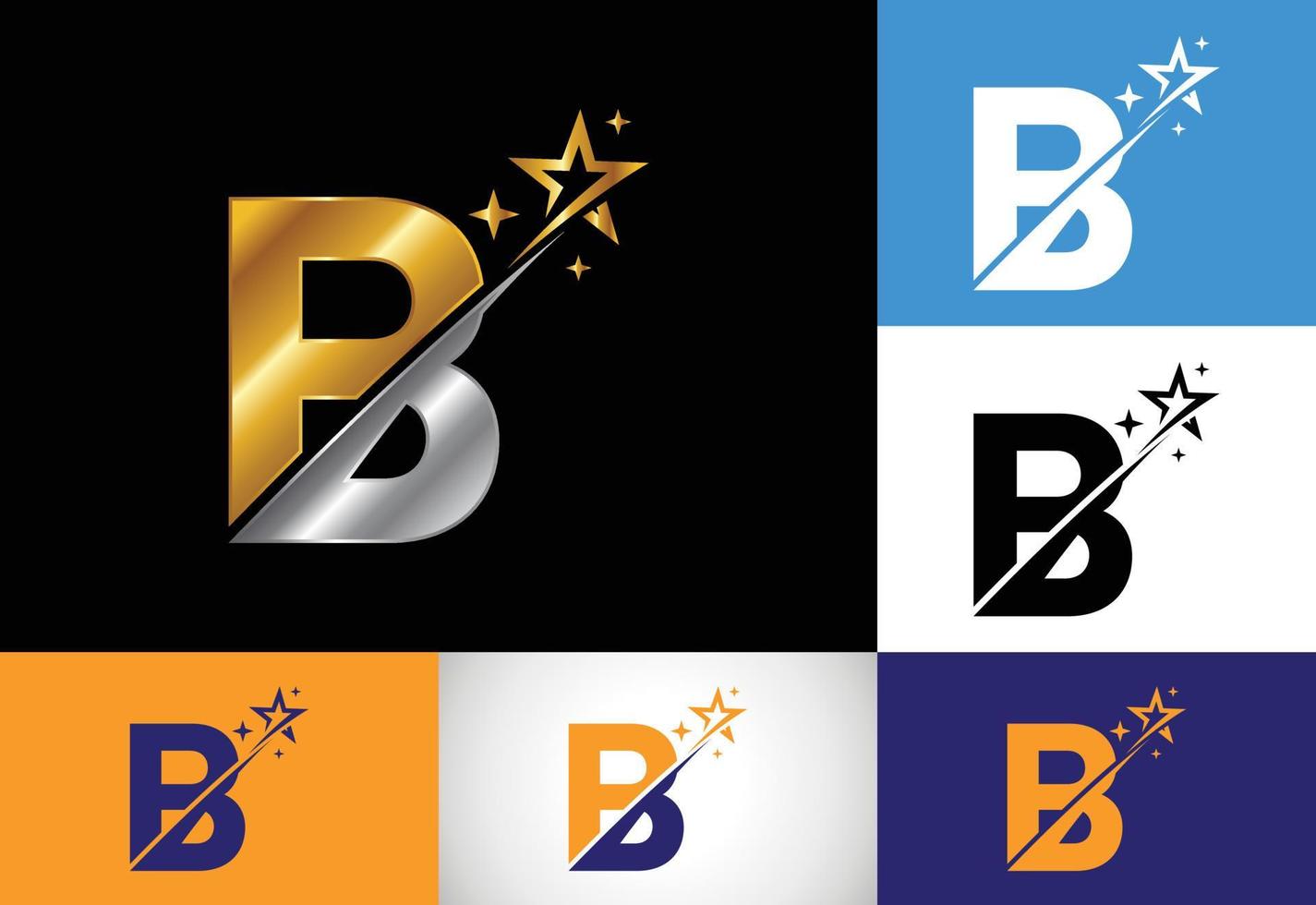 Initial B monogram letter alphabet with swoosh and star logo icon. Abstract star logo sign symbol design. Modern vector logo for business and company identity.