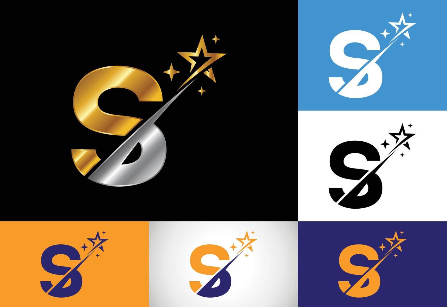 Alfabeto inicial de la letra del monograma s con swoosh y el icono del logotipo de estrella. diseño de símbolo de signo de logotipo de estrella abstracta. logotipo vectorial moderno para la identidad empresarial y empresarial. vector