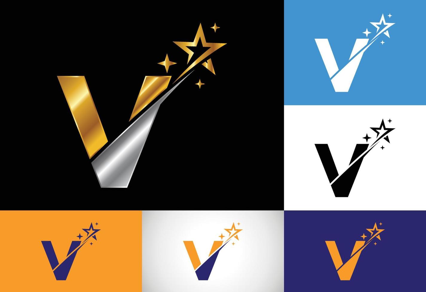 alfabeto inicial de la letra del monograma v con el icono del logotipo de estrella y swoosh. diseño de símbolo de signo de logotipo de estrella abstracta. logotipo vectorial moderno para la identidad empresarial y empresarial. vector