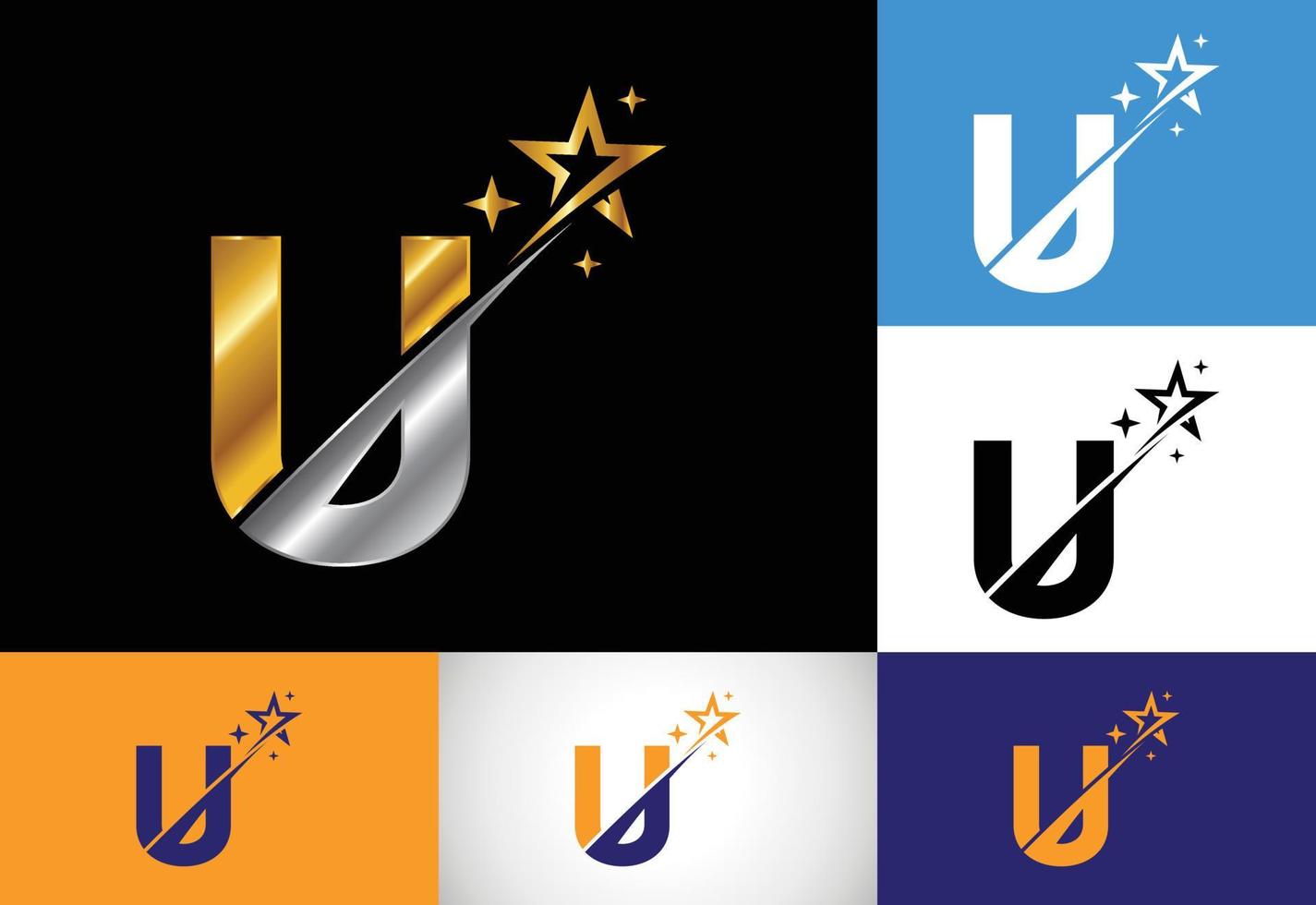 Initial U monogram letter alphabet with swoosh and star logo icon. Abstract star logo sign symbol design. Modern vector logo for business and company identity.