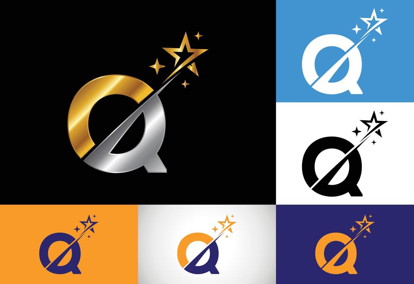 alfabeto inicial de la letra del monograma q con el icono del logotipo de estrella y swoosh. diseño de símbolo de signo de logotipo de estrella abstracta. logotipo vectorial moderno para la identidad empresarial y empresarial. vector