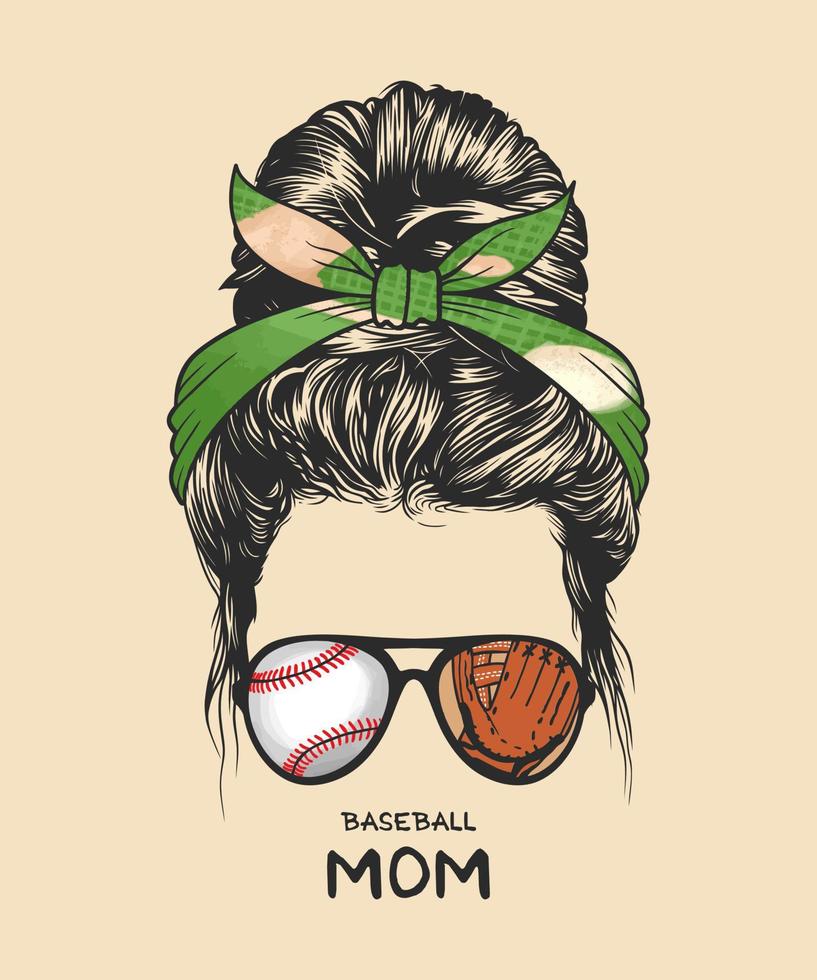 peinado de bollo desordenado de mujer con diadema de béisbol y gafas, ilustración vectorial dibujada a mano vector