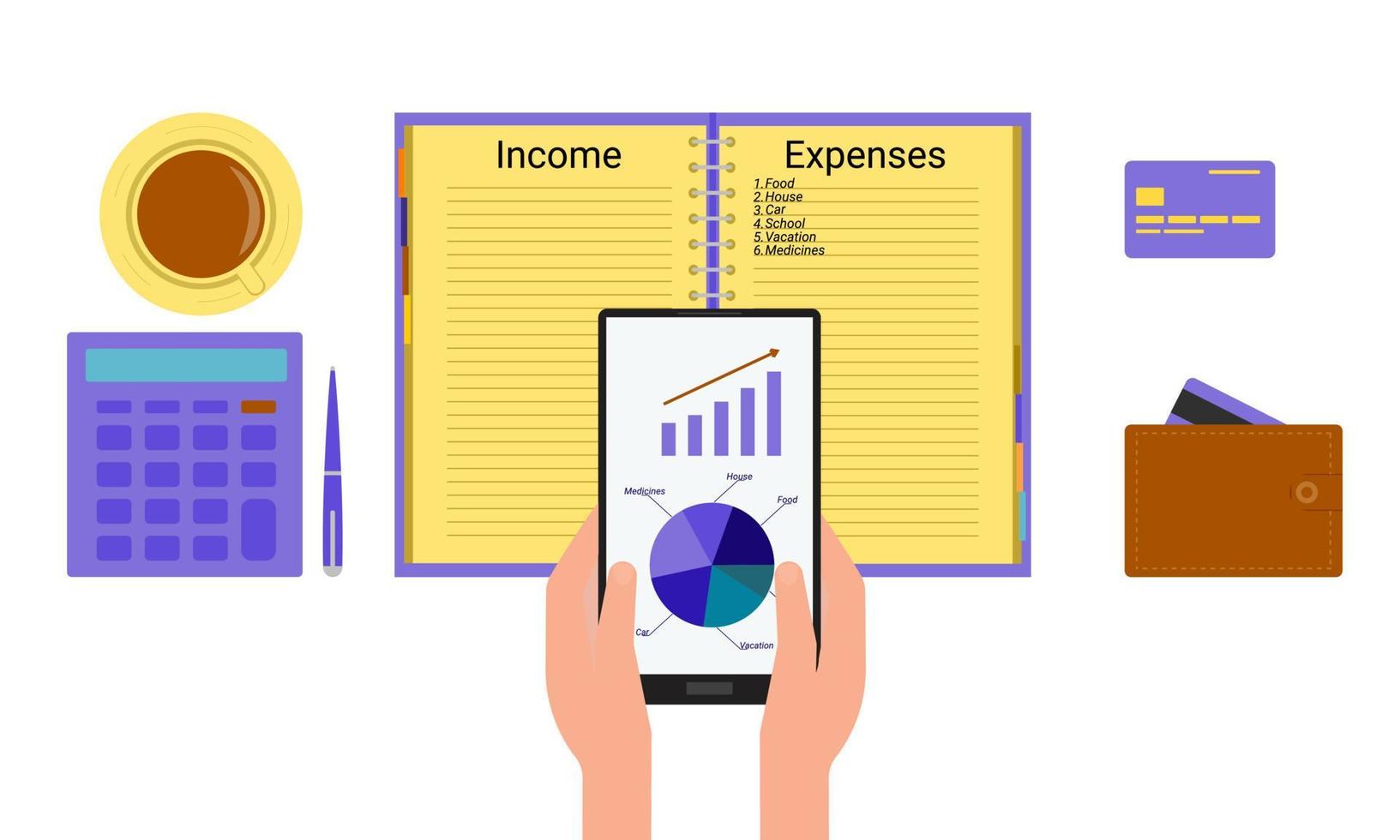 Budget. Keeping records of expenses and income on paper and in electronic form. Accounting of family funds. Concept. Vector illustration