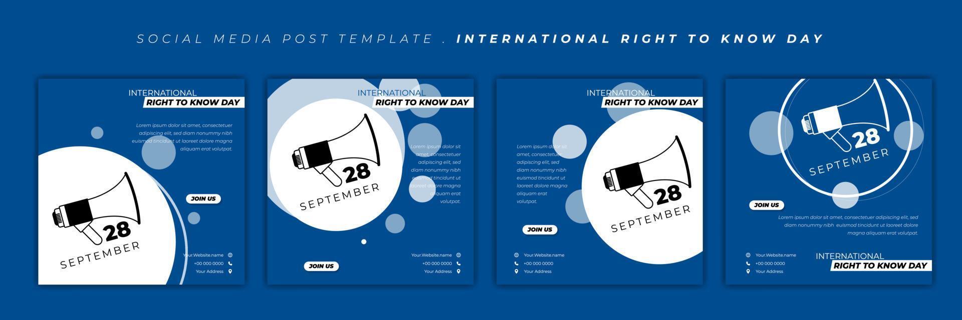 conjunto de plantillas de publicaciones en redes sociales con diseño azul y blanco. día internacional del derecho a saber con diseño de megáfono. vector