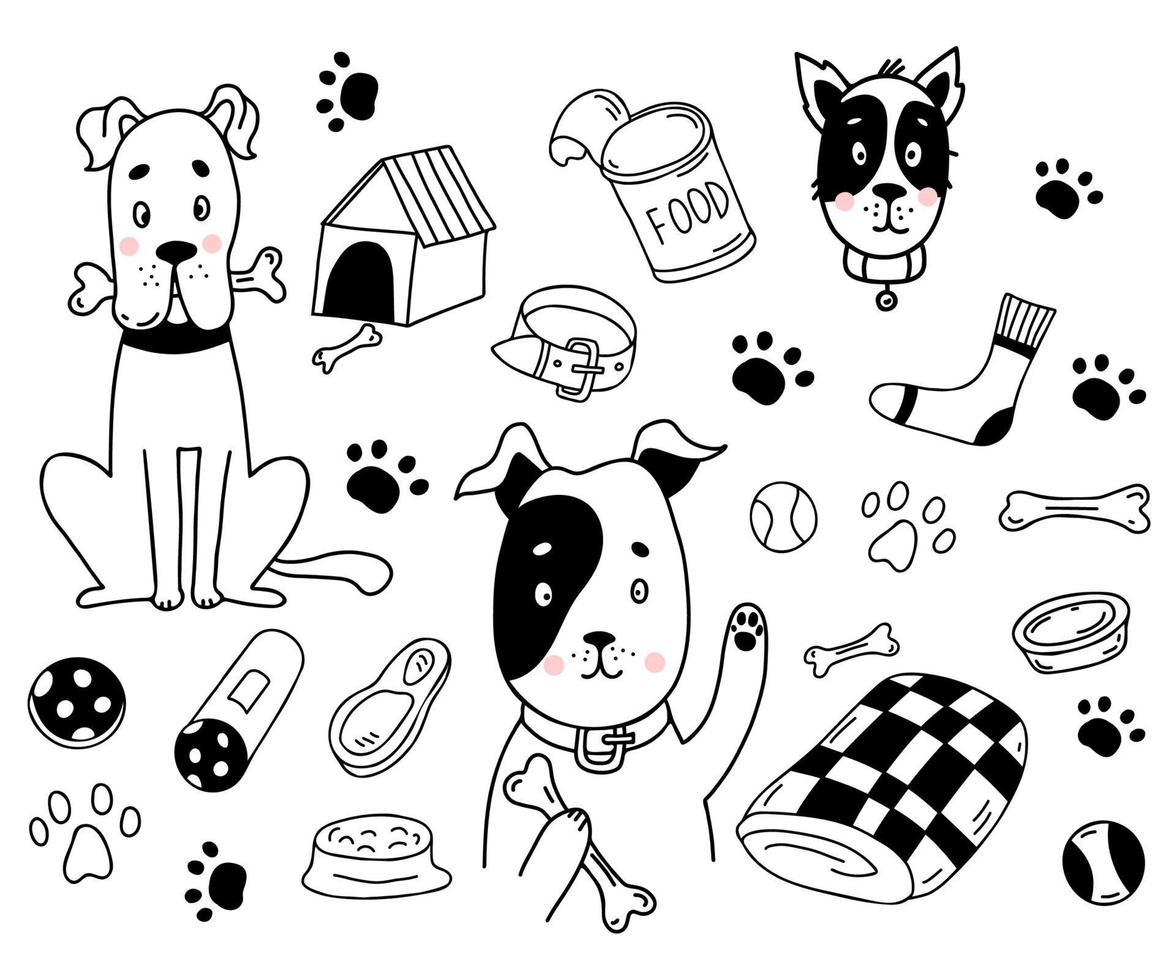 Collection of pets. Cute dogs with bone, meat and sausage, toys and paw prints, booth, blanket and collar. Vector illustration. Isolated line drawings in doodle style for design and decoration