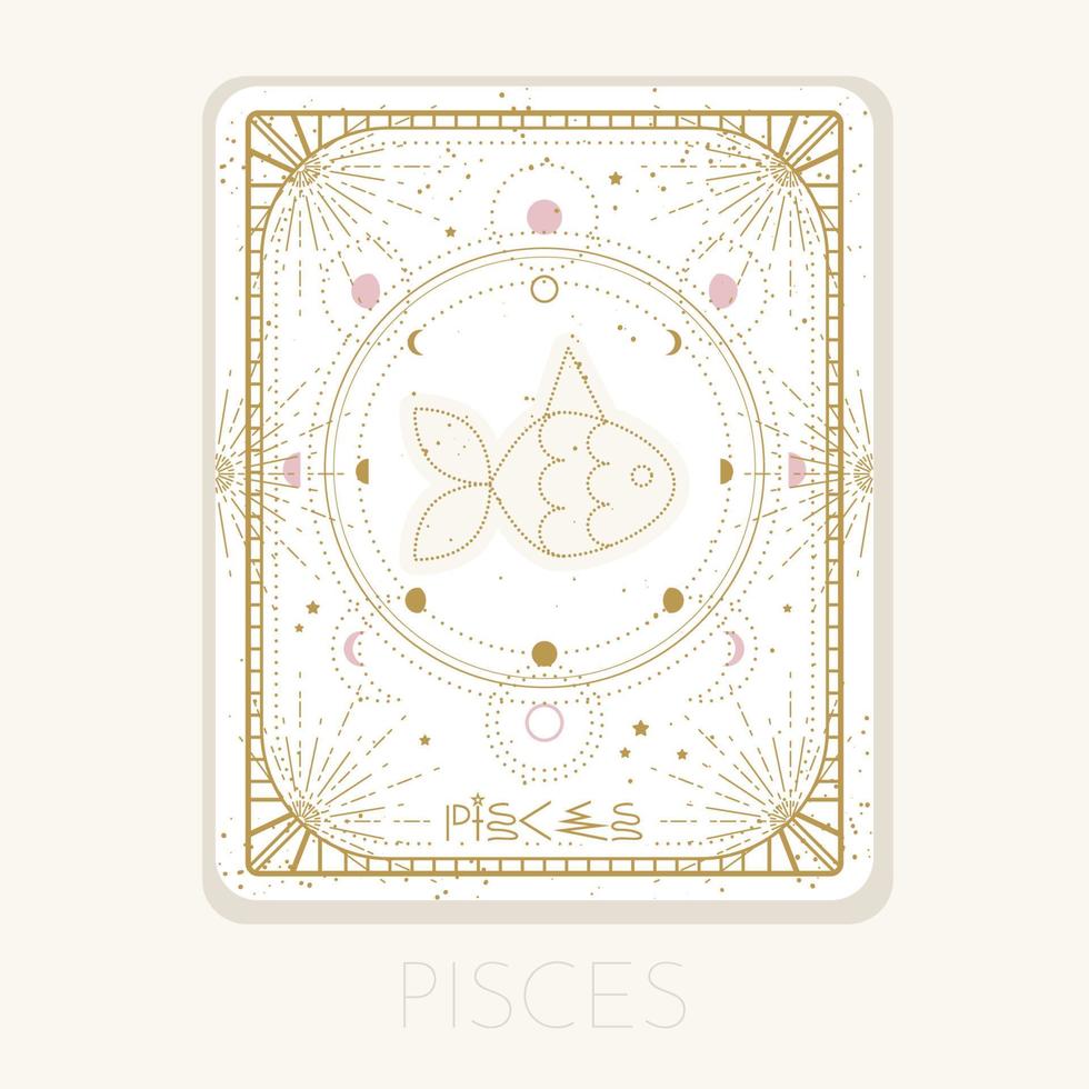 Zodiac sign Pisces card. Astrological horoscope symbol with moon phases. Graphic gold icon on a white background. Vector line art illustration