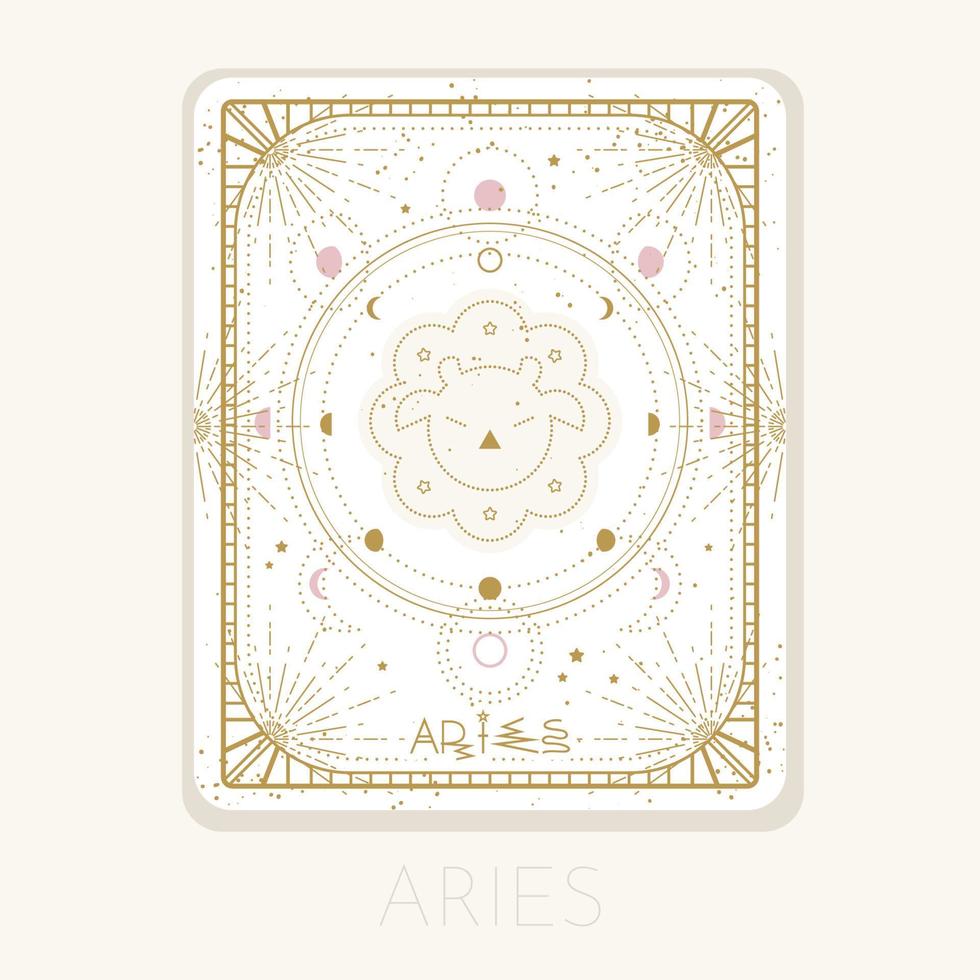 Zodiac sign Aries card. Astrological horoscope symbol with moon phases. Graphic gold icon on a white background. Vector line art illustration