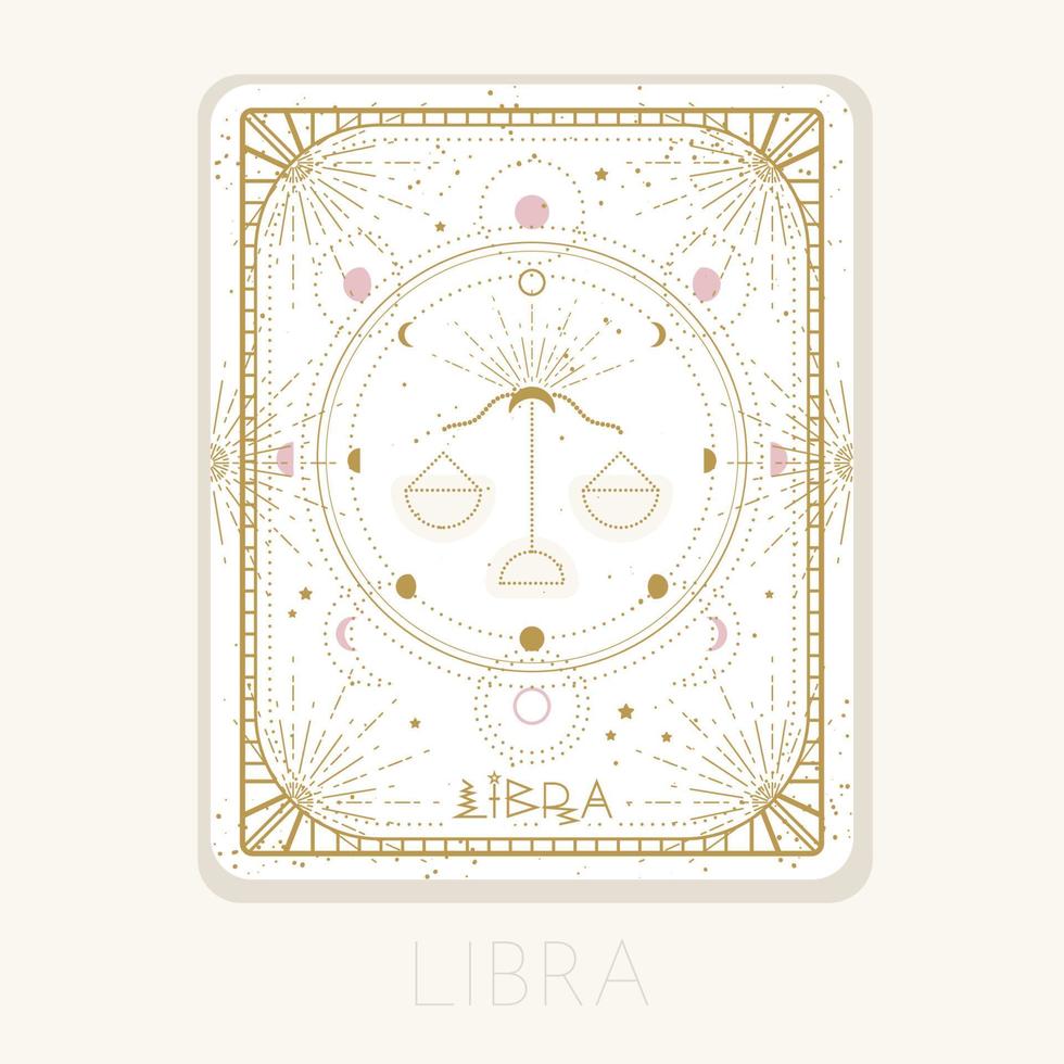 tarjeta de signo del zodiaco libra. símbolo del horóscopo astrológico con fases lunares. icono de oro gráfico sobre un fondo blanco. ilustración de arte de línea vectorial vector