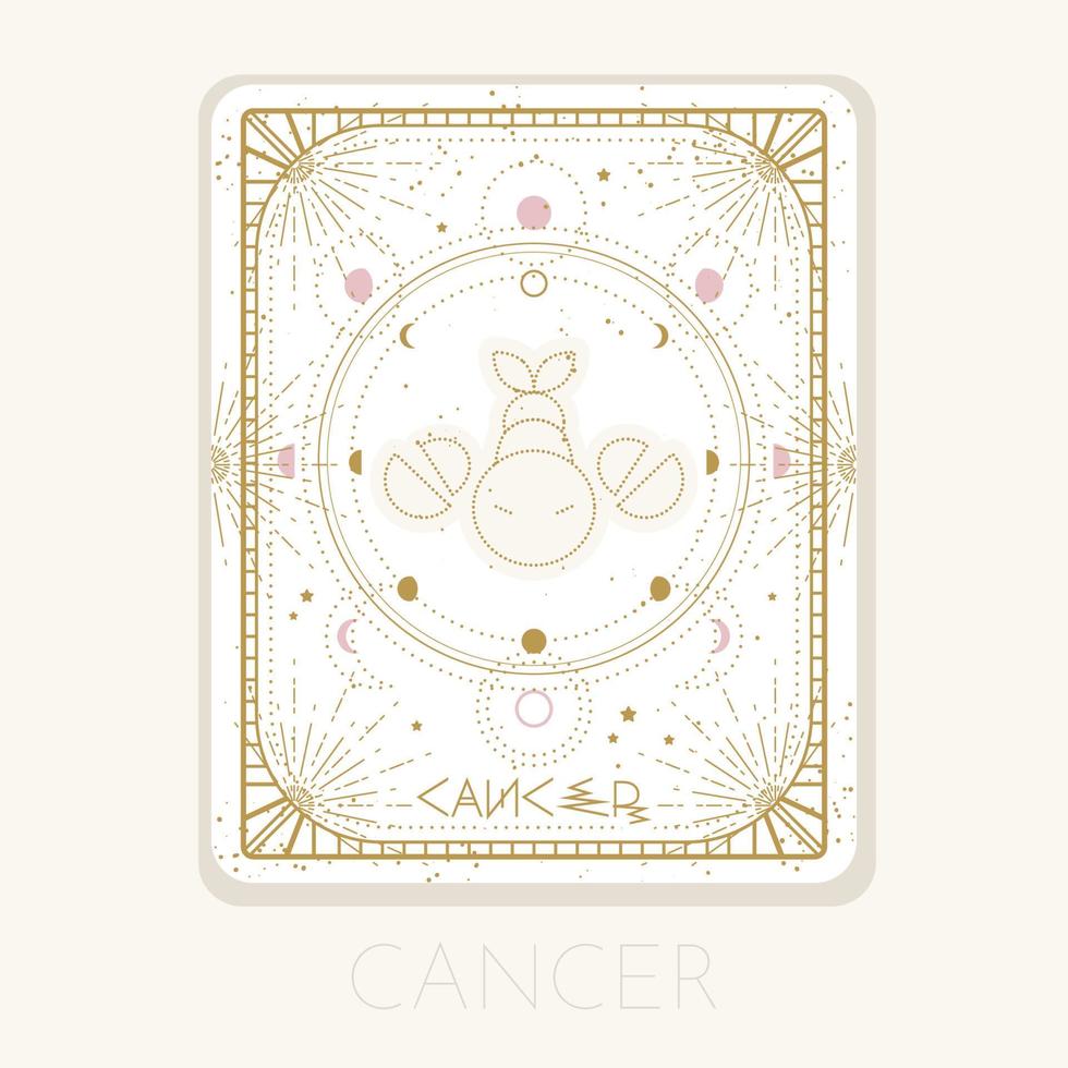 tarjeta de cáncer de signo zodiacal. símbolo del horóscopo astrológico con fases lunares. icono de oro gráfico sobre un fondo blanco. ilustración de arte de línea vectorial vector