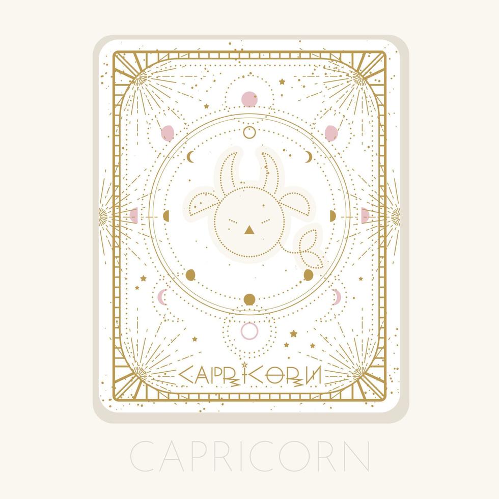 Zodiac sign Capricorn card. Astrological horoscope symbol with moon phases. Graphic gold icon on a white background. Vector line art illustration