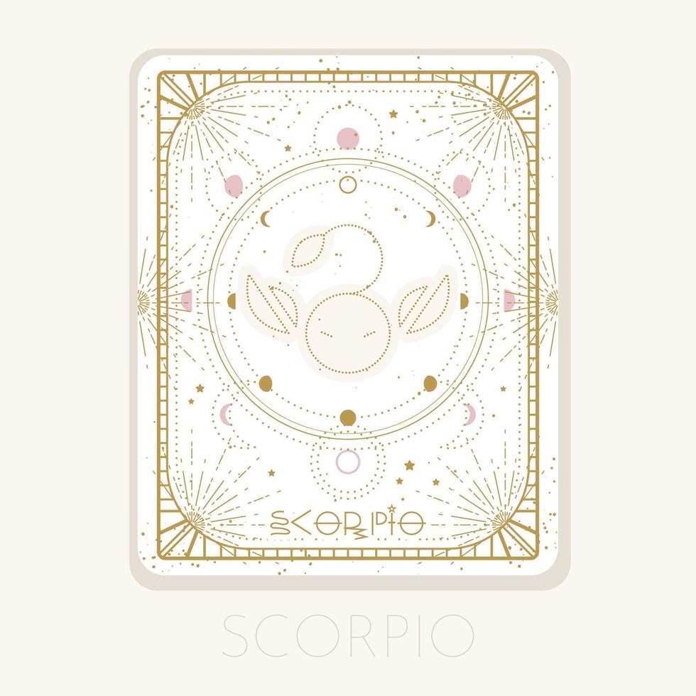 Zodiac sign scorpio card. Astrological horoscope symbol with moon phases. Graphic gold icon on a white background. Vector line art illustration