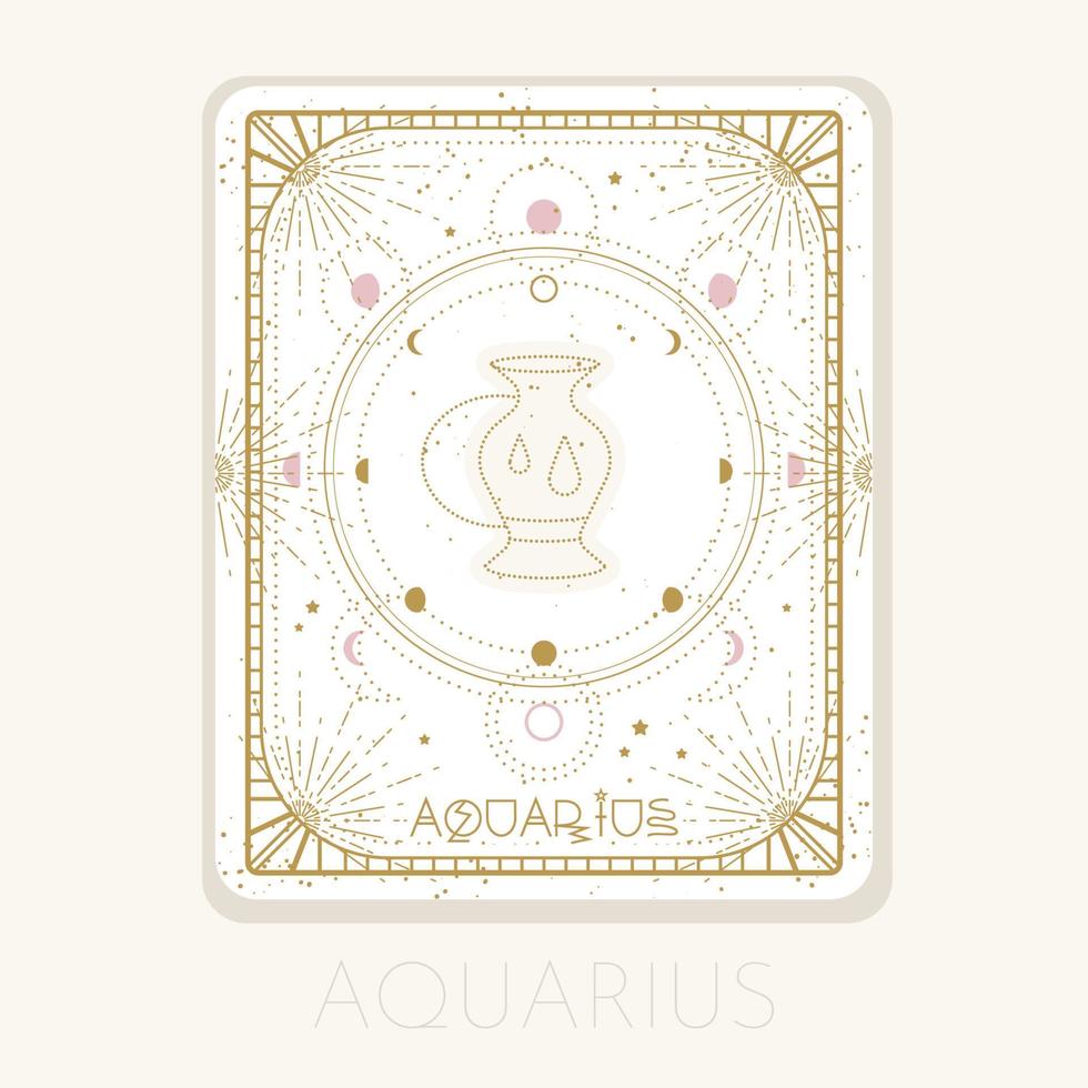 Zodiac sign Aquarius card. Astrological horoscope symbol with moon phases. Graphic gold icon on a white background. Vector line art illustration