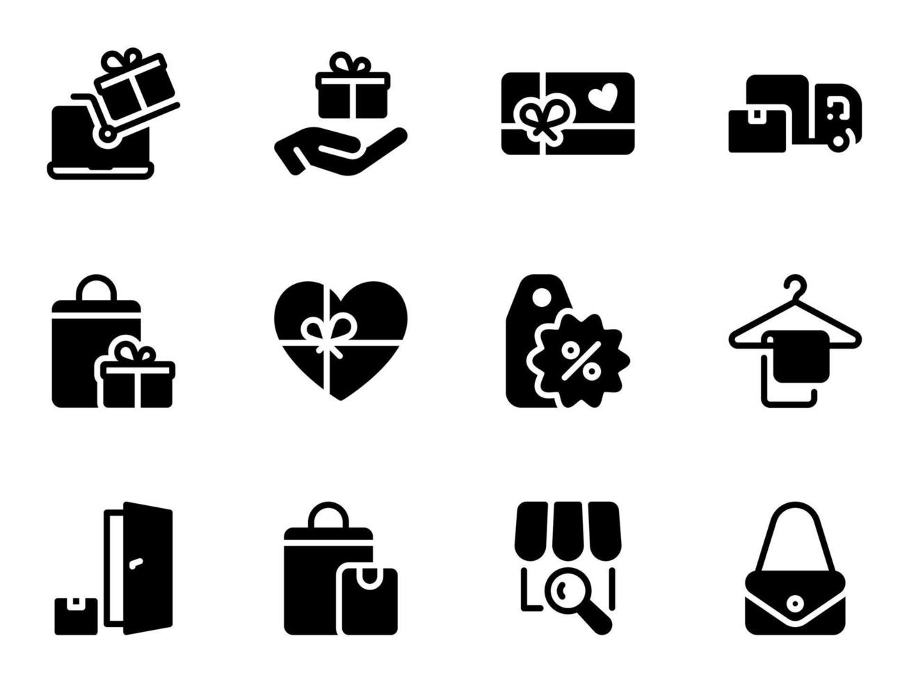 conjunto de iconos de vector negro, aislado sobre fondo blanco. ilustración plana sobre una entrega temática, descuentos, regalo