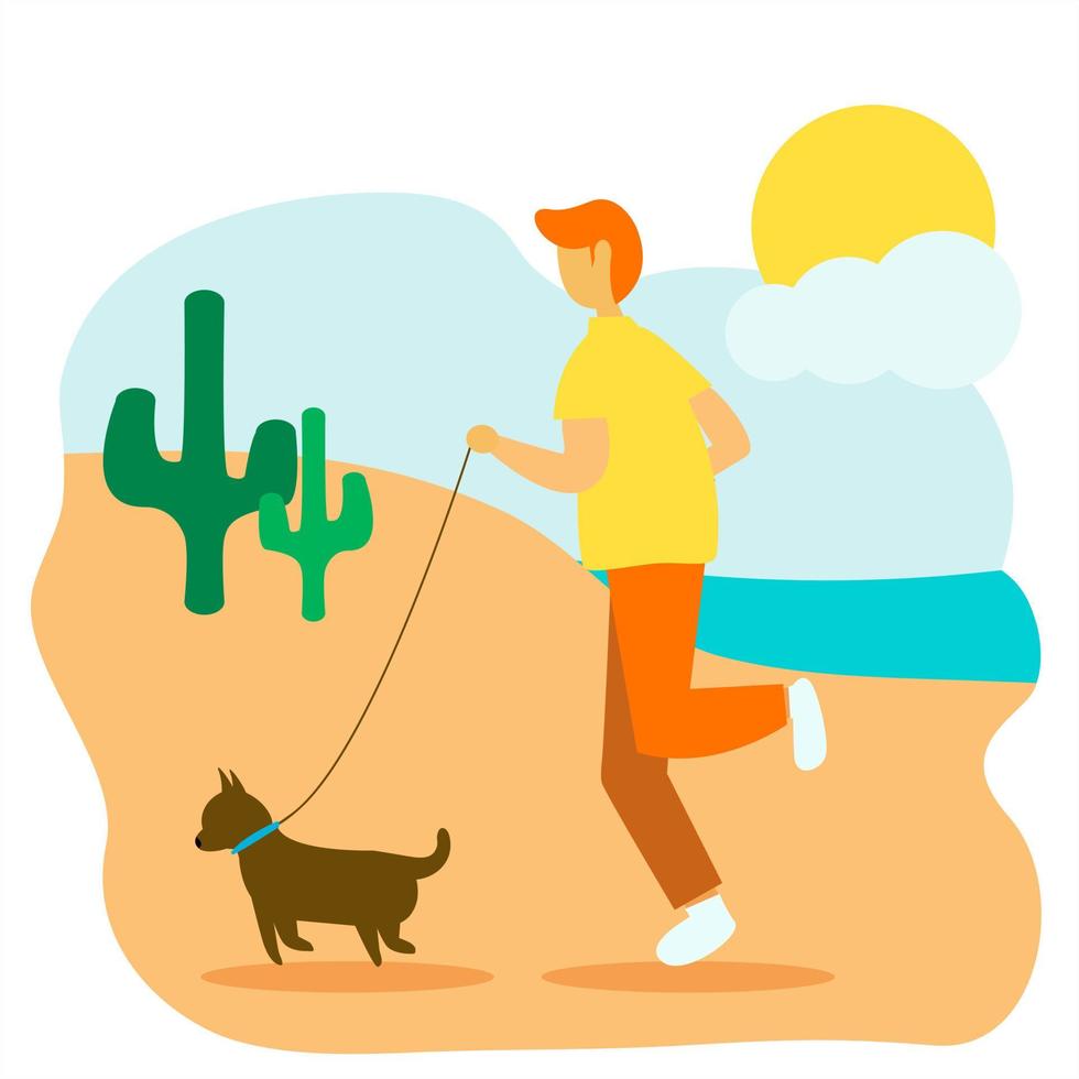 un hombre corriendo con su perro en la ilustración de la playa vector