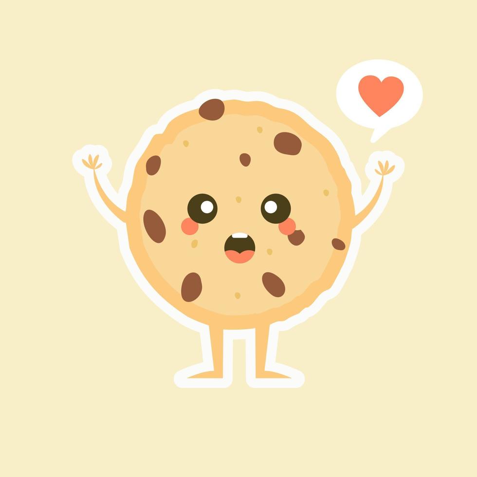 lindo personaje de galleta con chispas de chocolate de dibujos animados con cara divertida. Ilustración de vector de mascota de galleta feliz lindo aislado en blanco. concepto de diseño de menú para niños. Emoticon de comida de cara sonriente y sorprendida