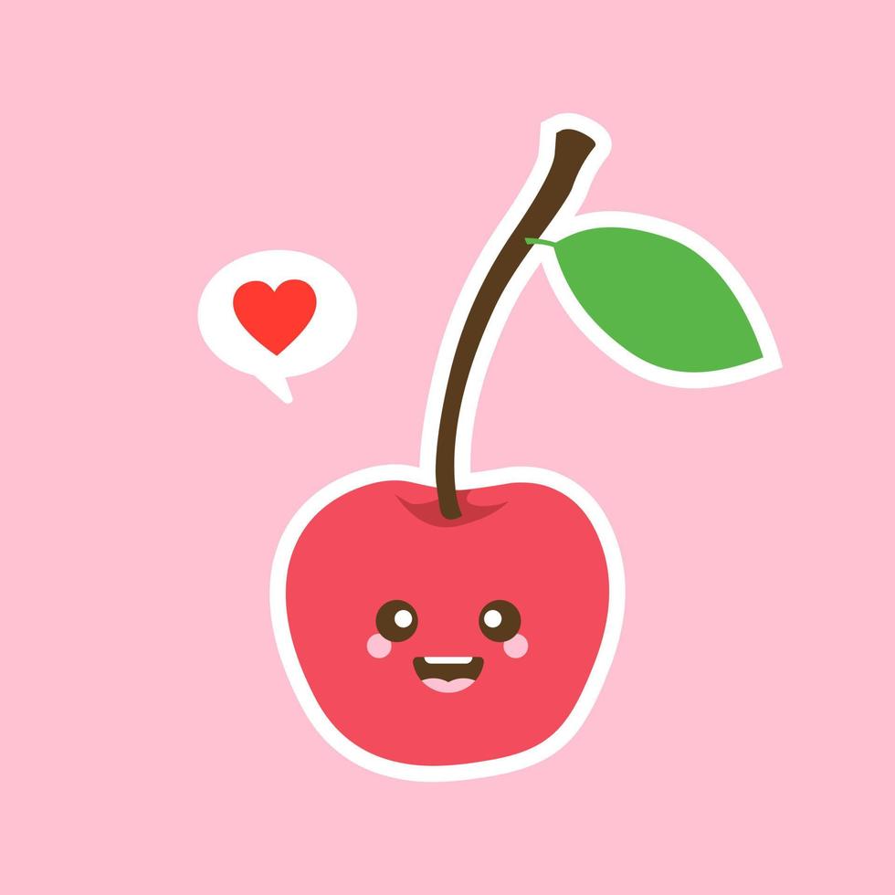 Kawaii cherry vector icon. Juicy berry illustration isolated on color background. Cherries fruit stylized modern trendy flat design, simple sign, logo. Noise texture shadow. Vegetarian organic food