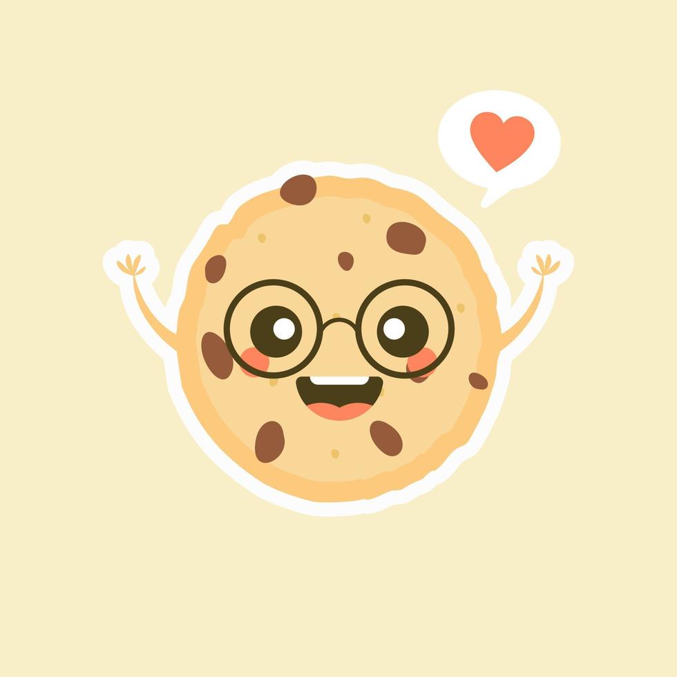 Cute cartoon chocolate chip cookie character with funny face. Cute happy cookie mascot vector illustration isolated on white. Kids menu design concept. Smiling and surprised face food emoticon