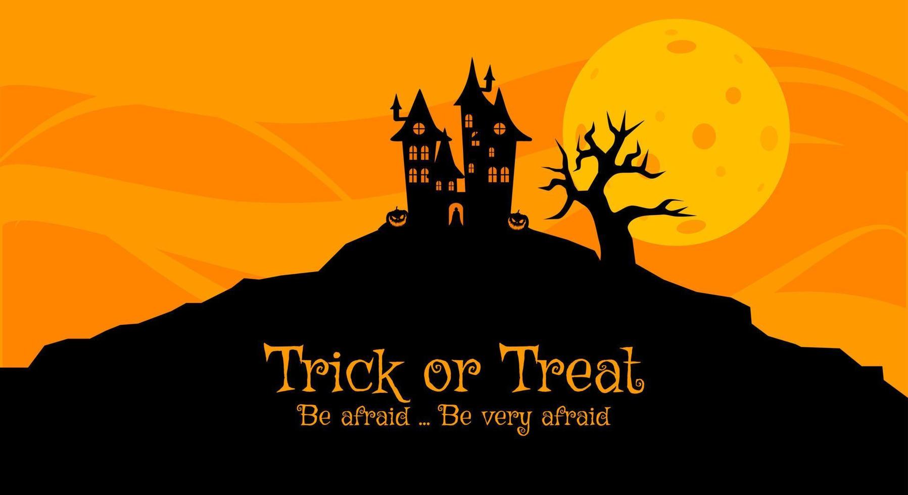 Vector illustration, Flat Style, Halloween background, the vampire castle silhouette located on a hill between the cemeteries at full moon, tombstone, dracula, graveyard, cross, jack o lantern, scary