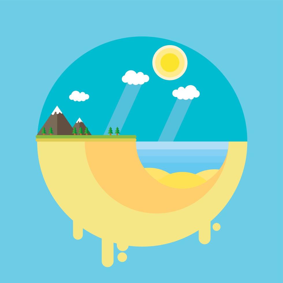 Vector illustration mountain, sea, and the beach flat style