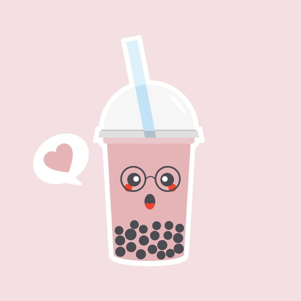 lindo té de leche con burbujas de boba con tapioca. té de leche de perlas, perlas negras deliciosas es famoso en Taiwán. bebida popular. boceto de ilustración vectorial. caricatura de personaje linda pegatina. emoji de dibujos animados kawaii. vector