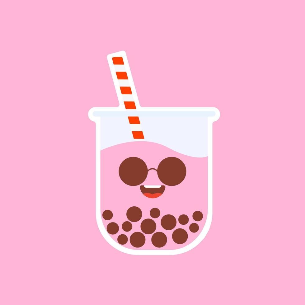 lindo té de leche con burbujas de boba con tapioca. té de leche de perlas, perlas negras deliciosas es famoso en Taiwán. bebida popular. boceto de ilustración vectorial. caricatura de personaje linda pegatina. emoji de dibujos animados kawaii. vector