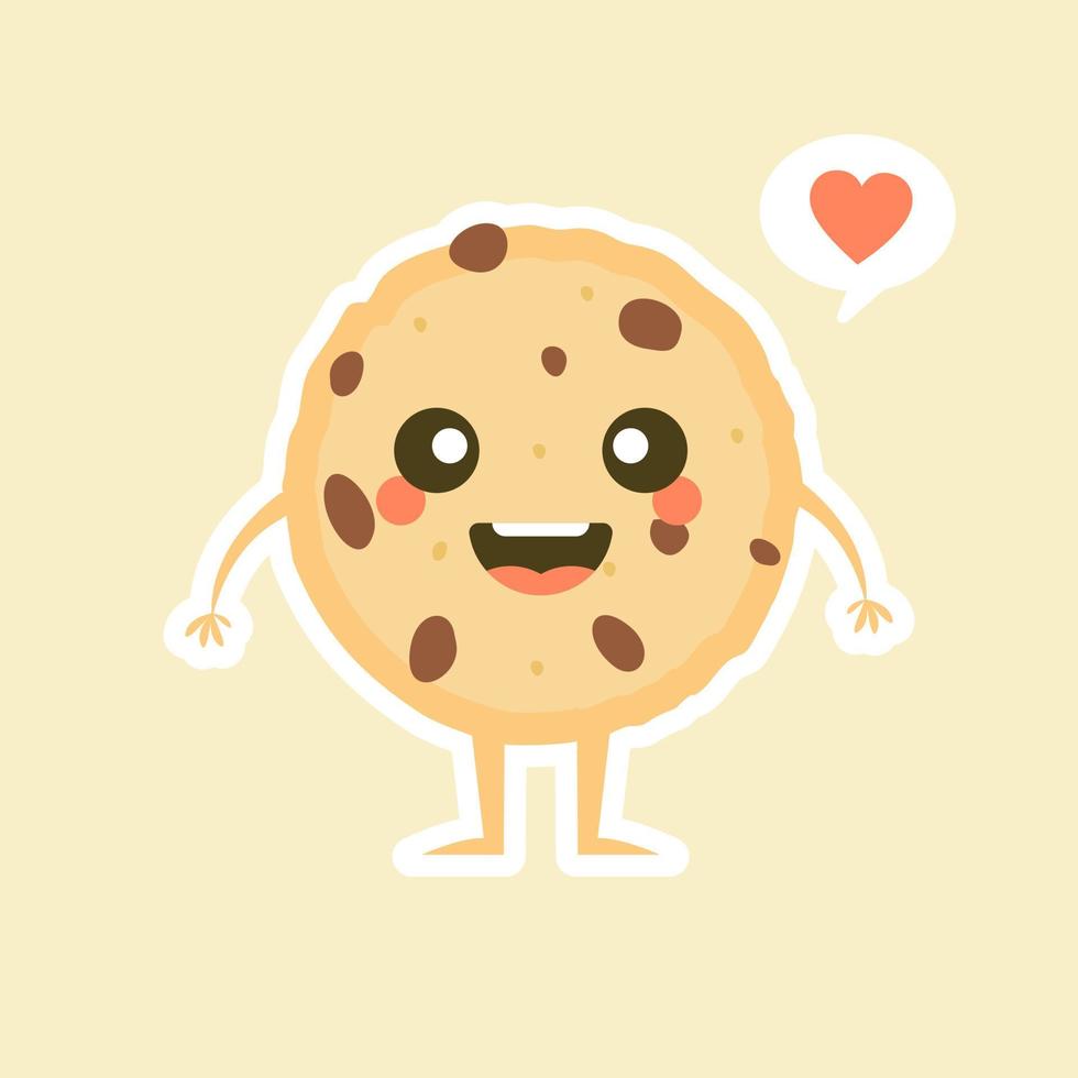 lindo personaje de galleta con chispas de chocolate de dibujos animados con cara divertida. Ilustración de vector de mascota de galleta feliz lindo aislado en blanco. concepto de diseño de menú para niños. Emoticon de comida de cara sonriente y sorprendida