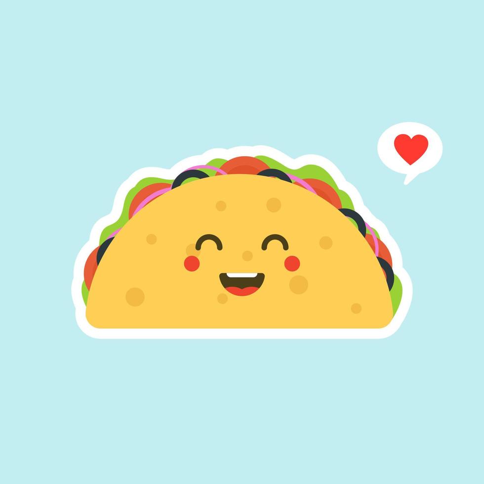 Vector illustration with mexican tacos kawaii food. The tortilla is going to tacos. Cute cartoon illustration isolated on color background.