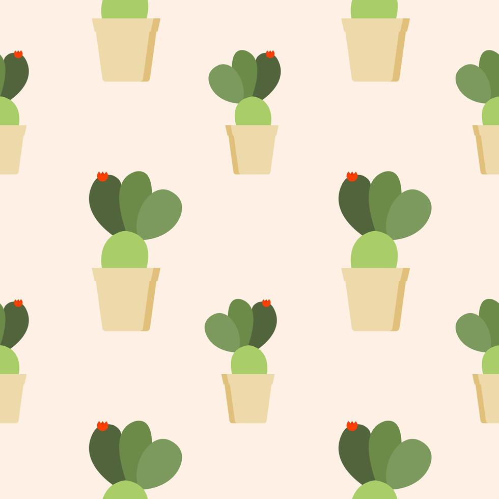 patrón de cactus sin costuras, maceta suculenta sobre fondo de color suave. para tela, embalaje, caja, cartón, papel de embalaje. vector de estilo de dibujos animados. diseño plano de cactus en colores pastel