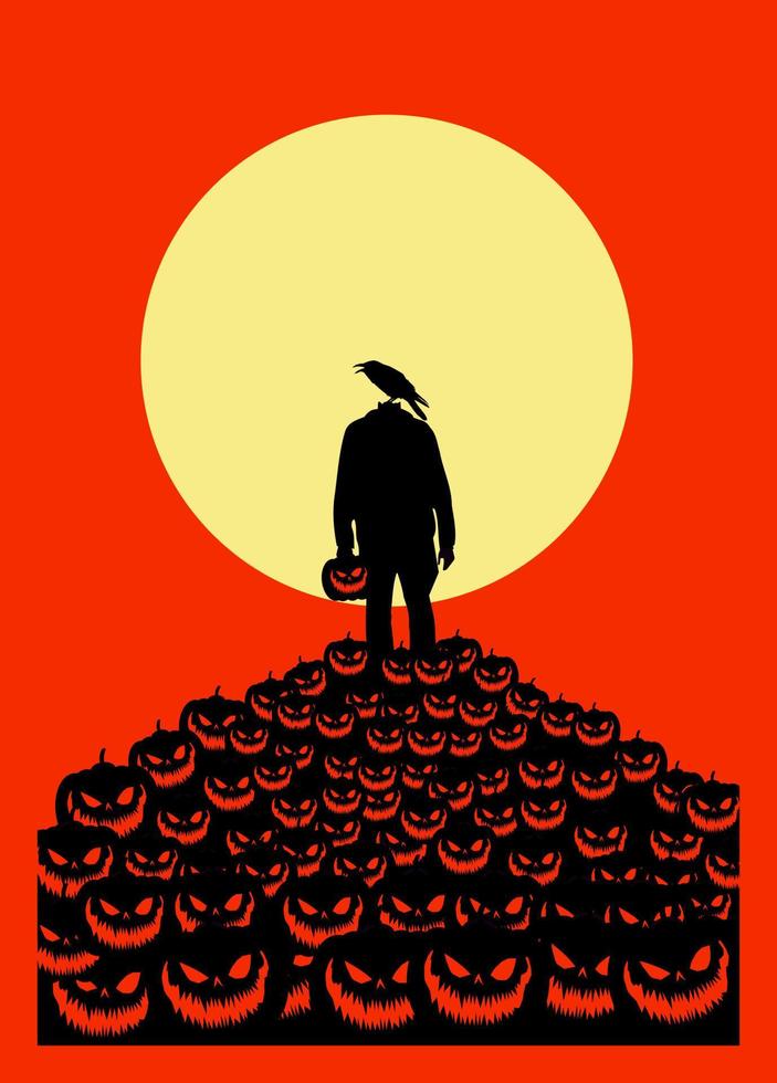 Vector illustration, Flat Style, Vintage horror or halloween background, the figure of a headless monster silhouette standing standing on a pile of scary-faced pumpkins jack o lantern at full moon