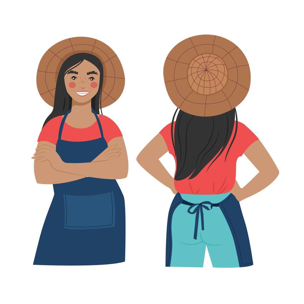 Young female gardener in a straw hat and garden apron. The girl crossed her arms over her chest. Front and rear view. Vector illustration