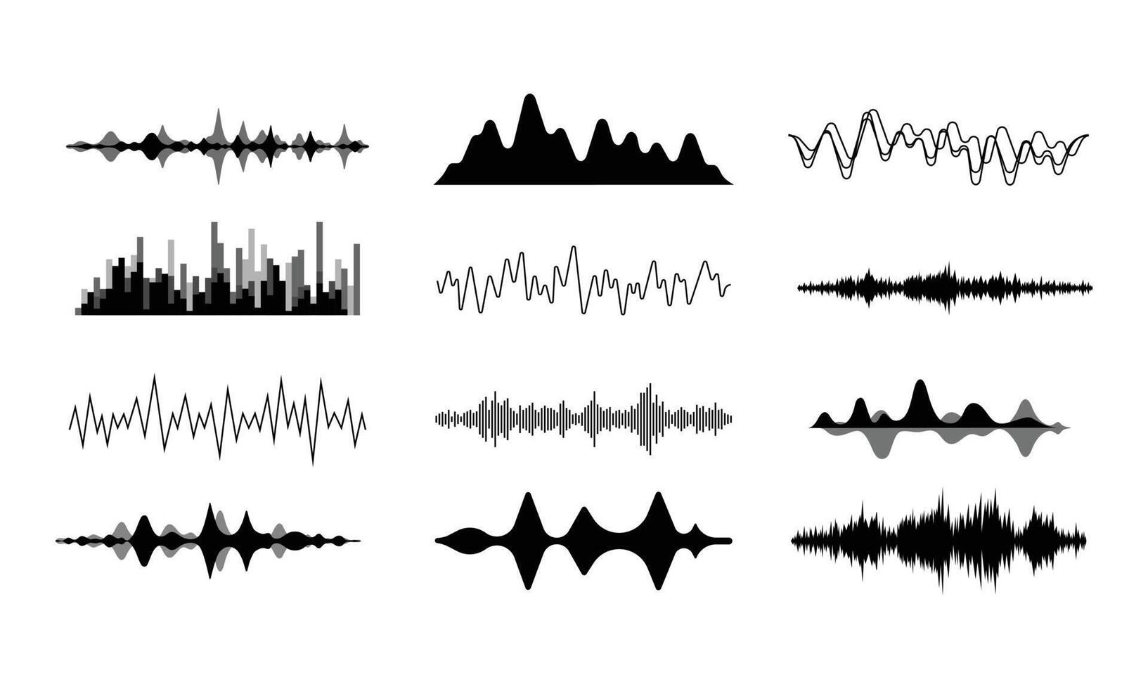 una colección gráfica de ondas sonoras negras. diseño de ondas electrónicas vector