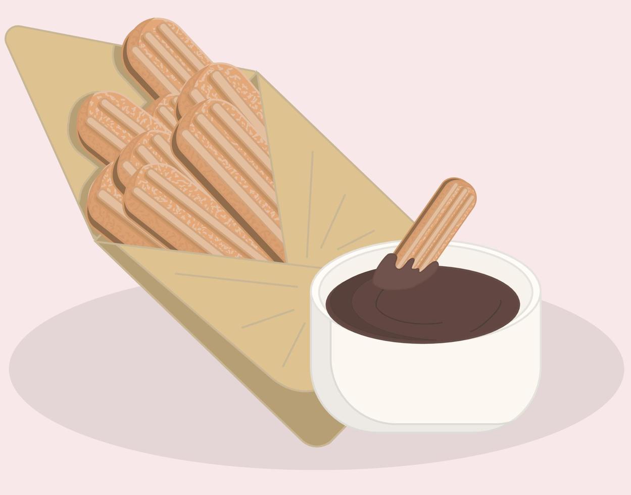 Mexican food churros in an envelope with chocolate sauce. Vector illustration