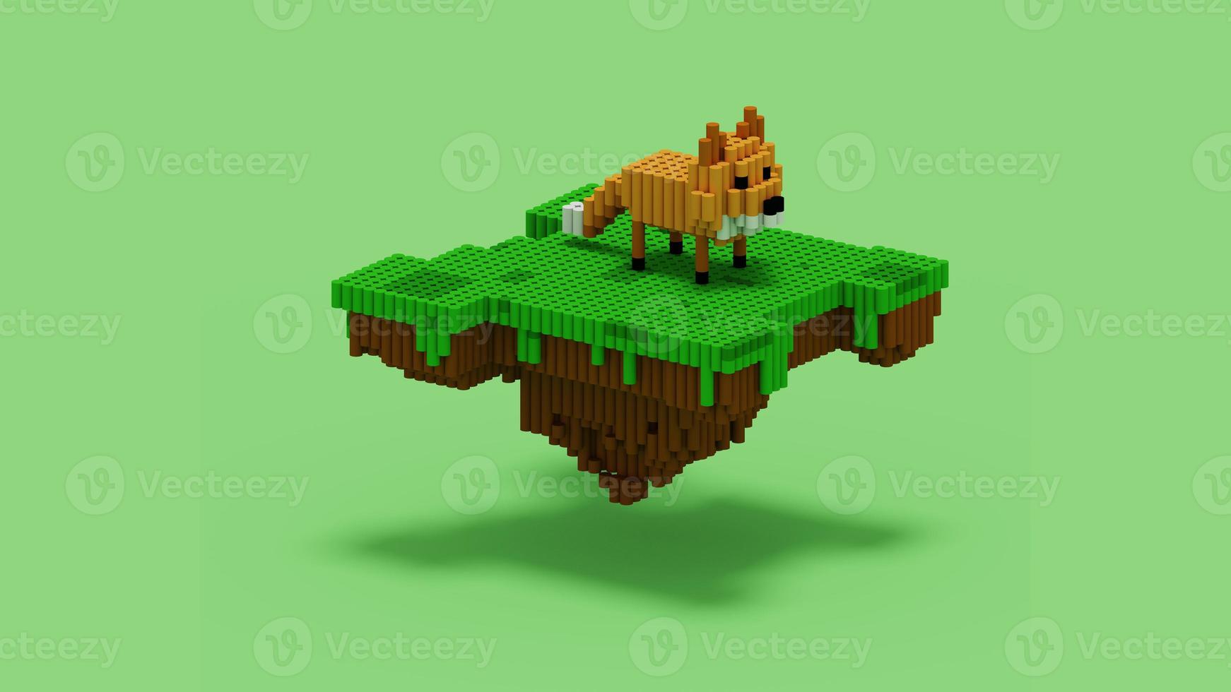 Representación 3d de la isla de zorro flotante con estilo de vóxel de cilindro y también con esquema de color naranja, marrón, blanco, negro y verde. perfecto para referencias de personajes de juegos foto