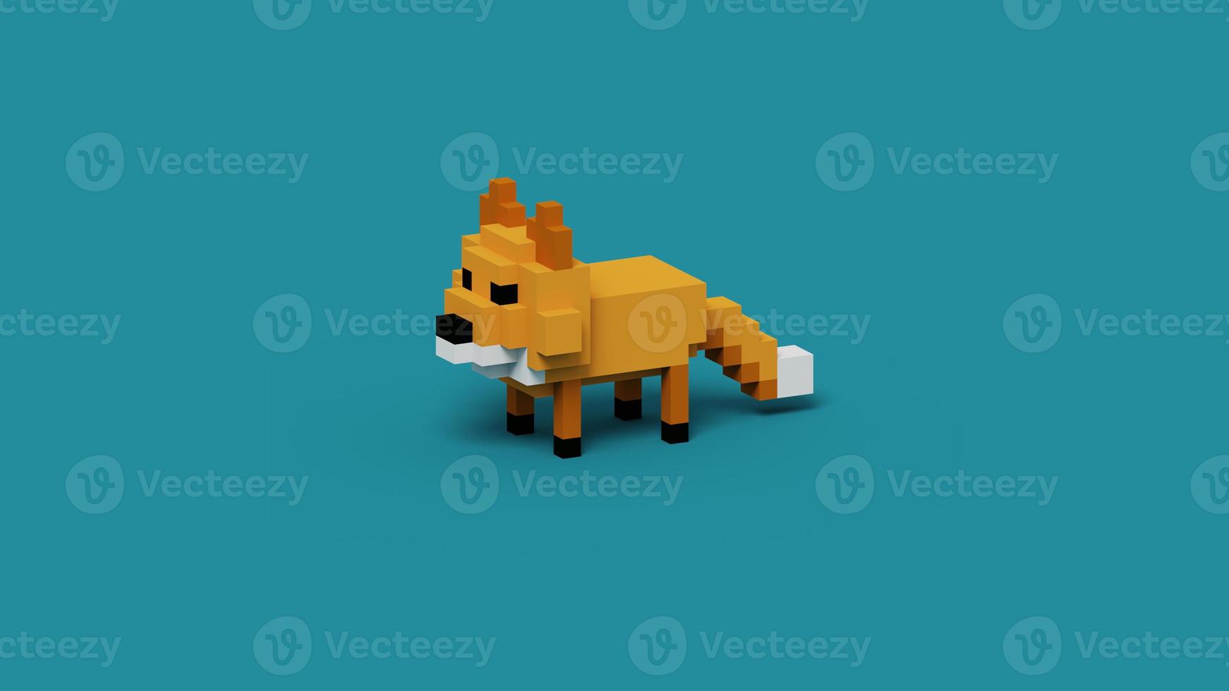 3D rendering of a cute fox animal using voxel style and isolated in blue background. Also using orange, black and white color scheme photo