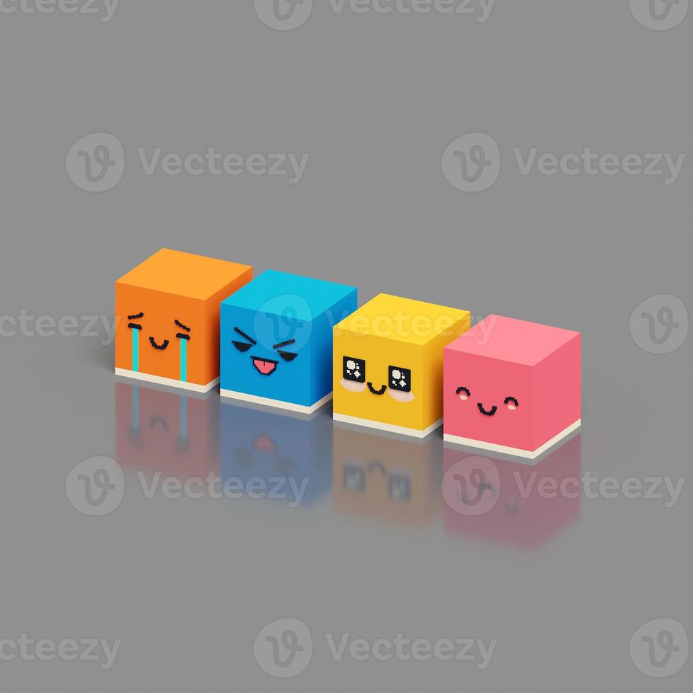 3D voxel rendering of cute cube with expressions. Using orange, blue, yellow, pink and grey color scheme. photo