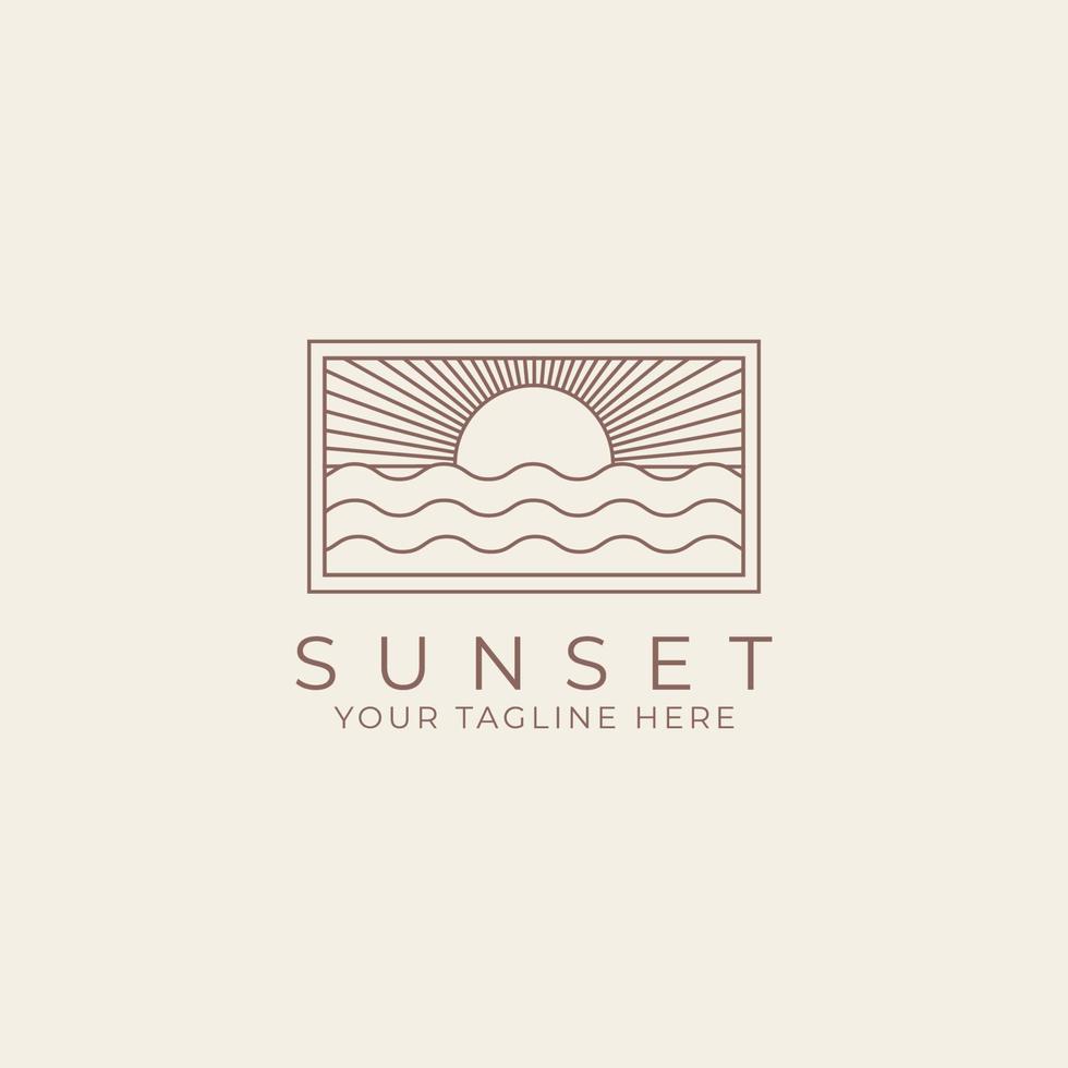 elegante hipster oro puesta de sol amanecer con mar playa agua de mar logo vector icono en línea de moda lineal, línea de logotipo vectorial para hotel