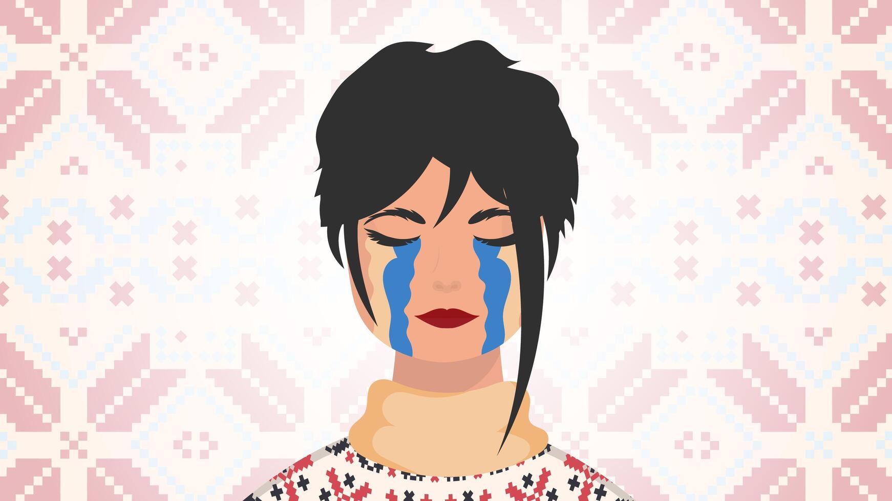 The girl sheds tears in the color of the flag of Ukraine. Save Ukraine. Vector illustration.